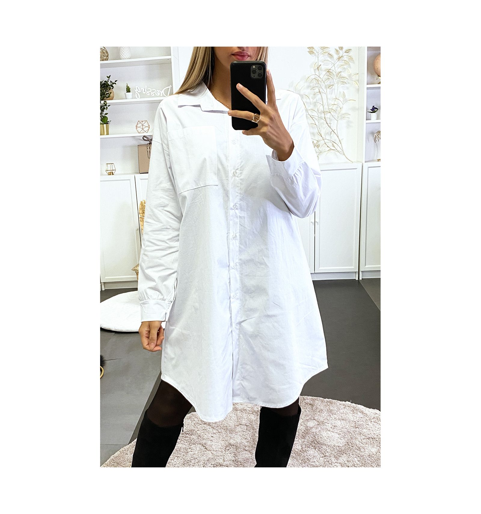 Longue Chemise Blanche Over Size Avec Poche Chemise Femme