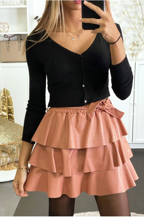 pink leather skirt and top