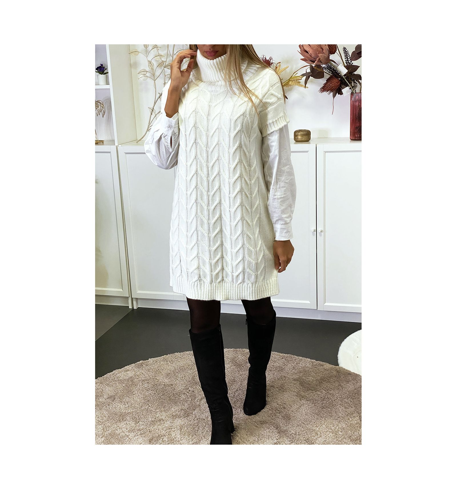 Sans Manche Pull Maille TorsadÃ©e Femme Robe Pull TorsadÃ© Pull - Main Image