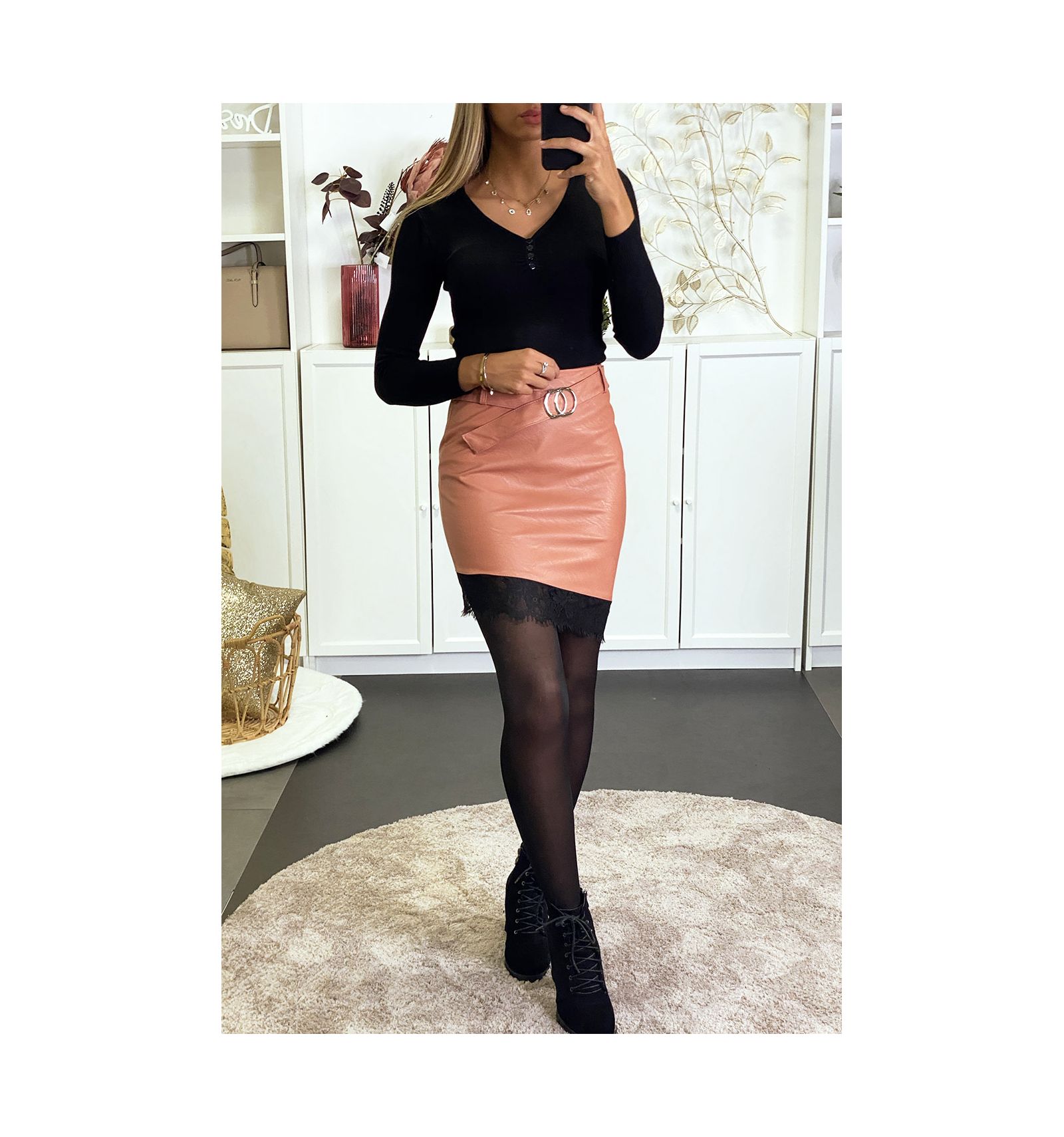 pink leather skirt with belt