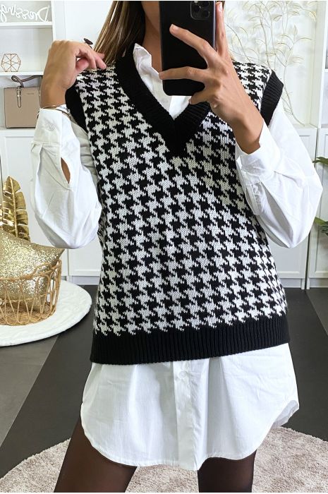 Pull Tricot Noir Sans Manche à Motifs Pied De Poule