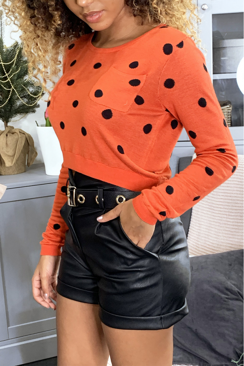 Short red sweater, with long sleeves and white polka dots. PU-895 Short red sweater, with long sleeves and white polka dots. PU-895