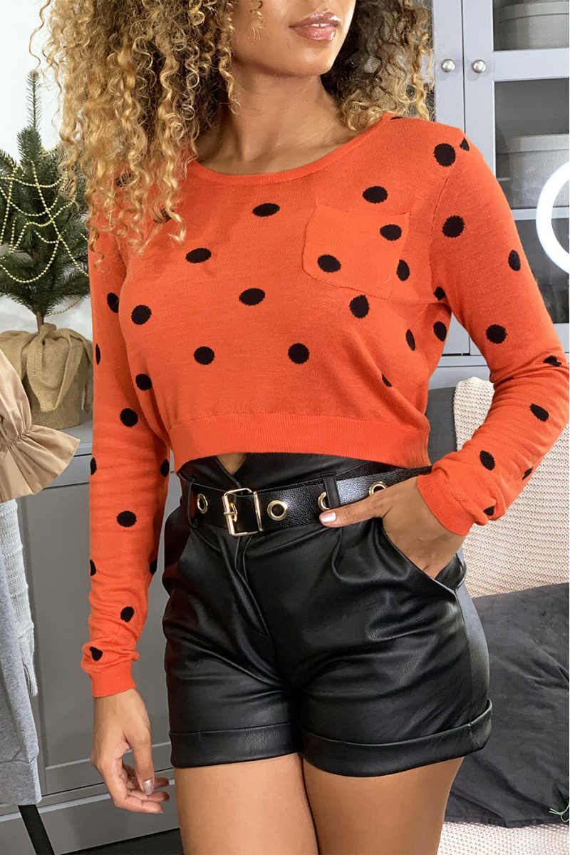 Short red sweater, with long sleeves and white polka dots. PU-895 Short red sweater, with long sleeves and white polka dots. PU-895