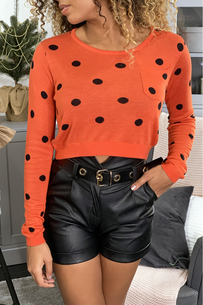 Short red sweater, with long sleeves and white polka dots. PU-895 Short red sweater, with long sleeves and white polka dots. PU-895
