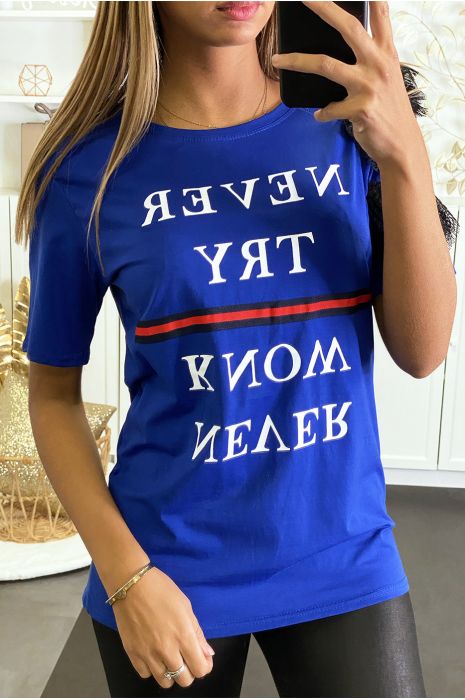 black shirt with royal blue writing
