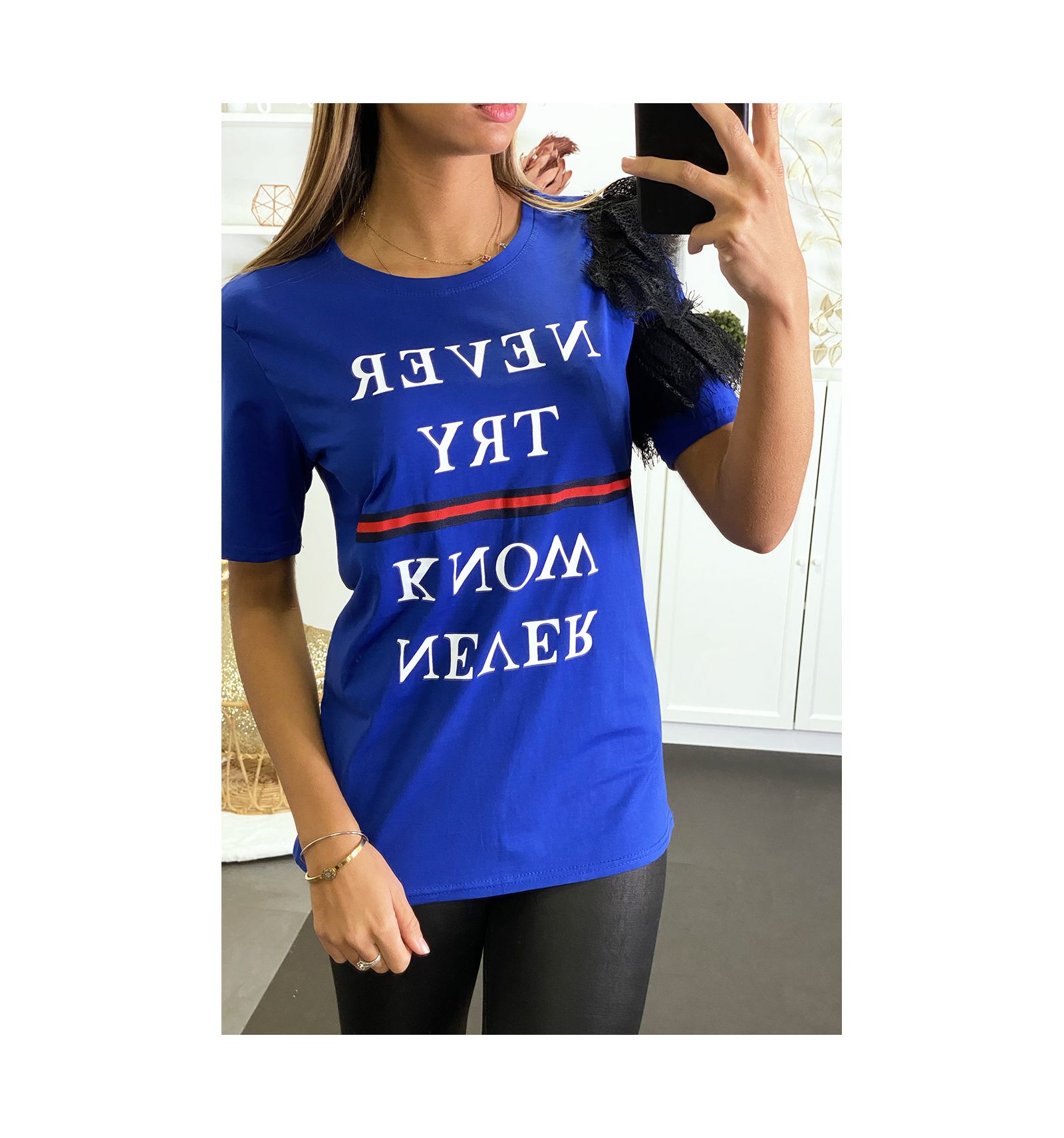 black shirt with royal blue writing