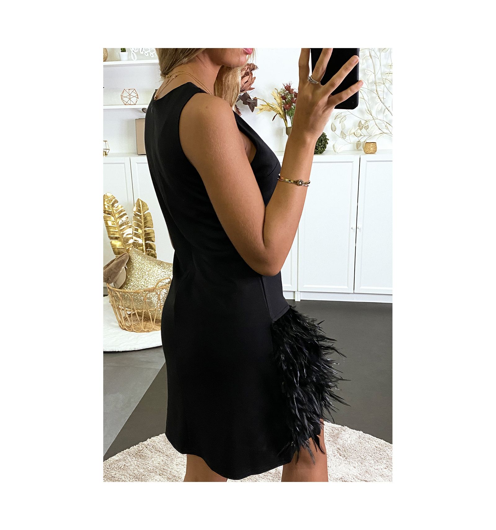 evening gown with feathered bottom