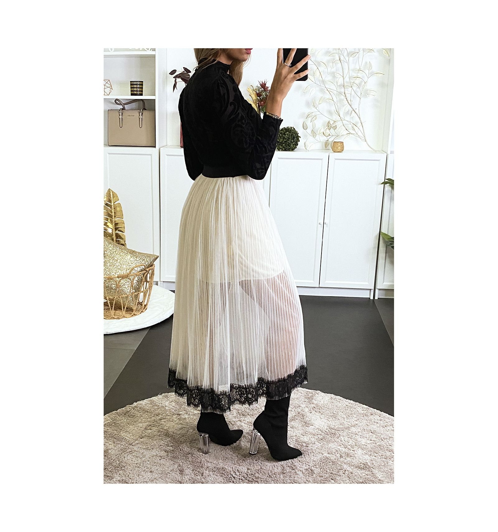 Long Beige Tulle Skirt Lined With Black Lace At The Bottom Fashion Skirt