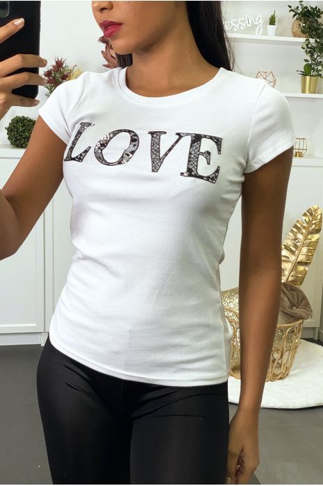White t-shirt with LOVE writing in rhinestones. Cheap women fashion