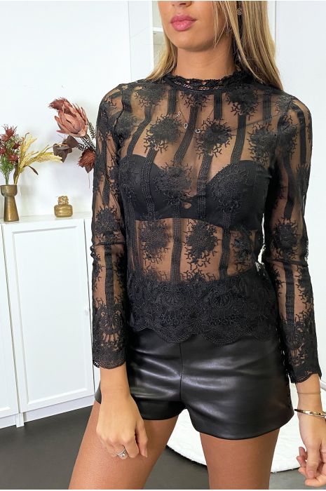 Haut Noir Transparent Avec Joli Motif Brode Et Dentelle Mode Femme Pas Cher
