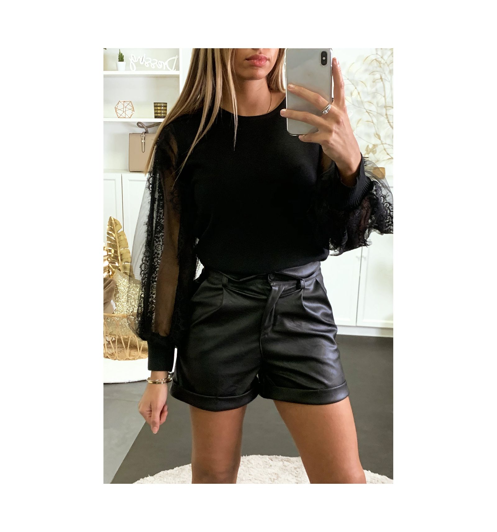 Pull Femme S.OLIVER Noir Avec Manches En Dentelle - Taille 38 - Occasion Très Bon État