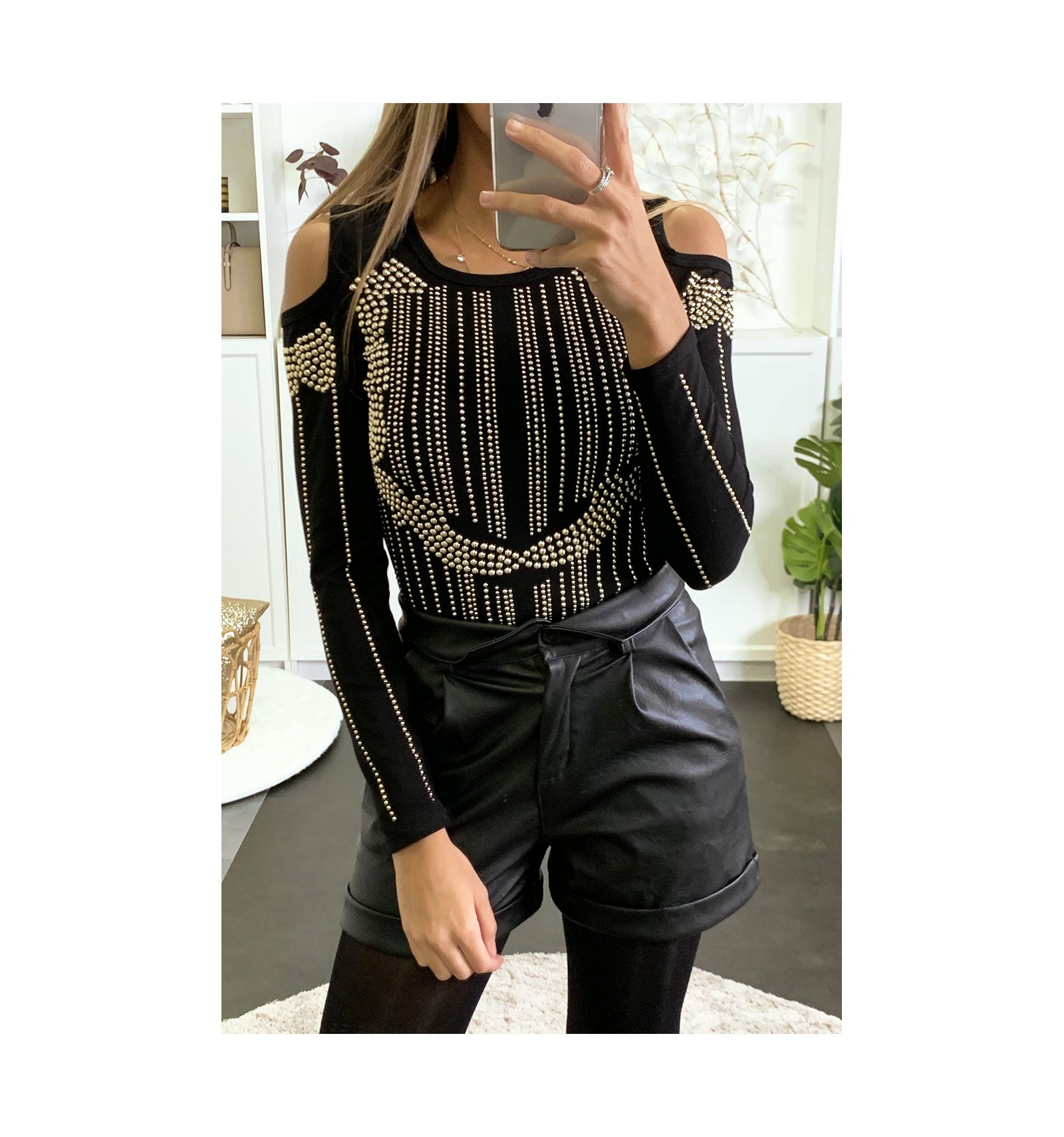 black and gold off the shoulder top