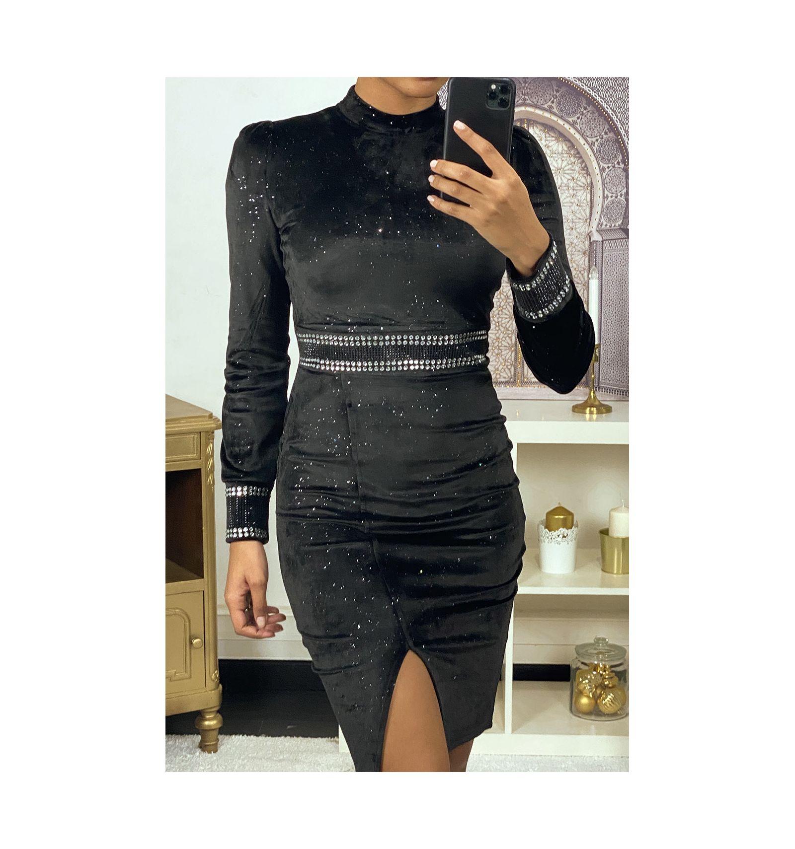 Black sequined velvet evening dress with rhinestones at the waist and