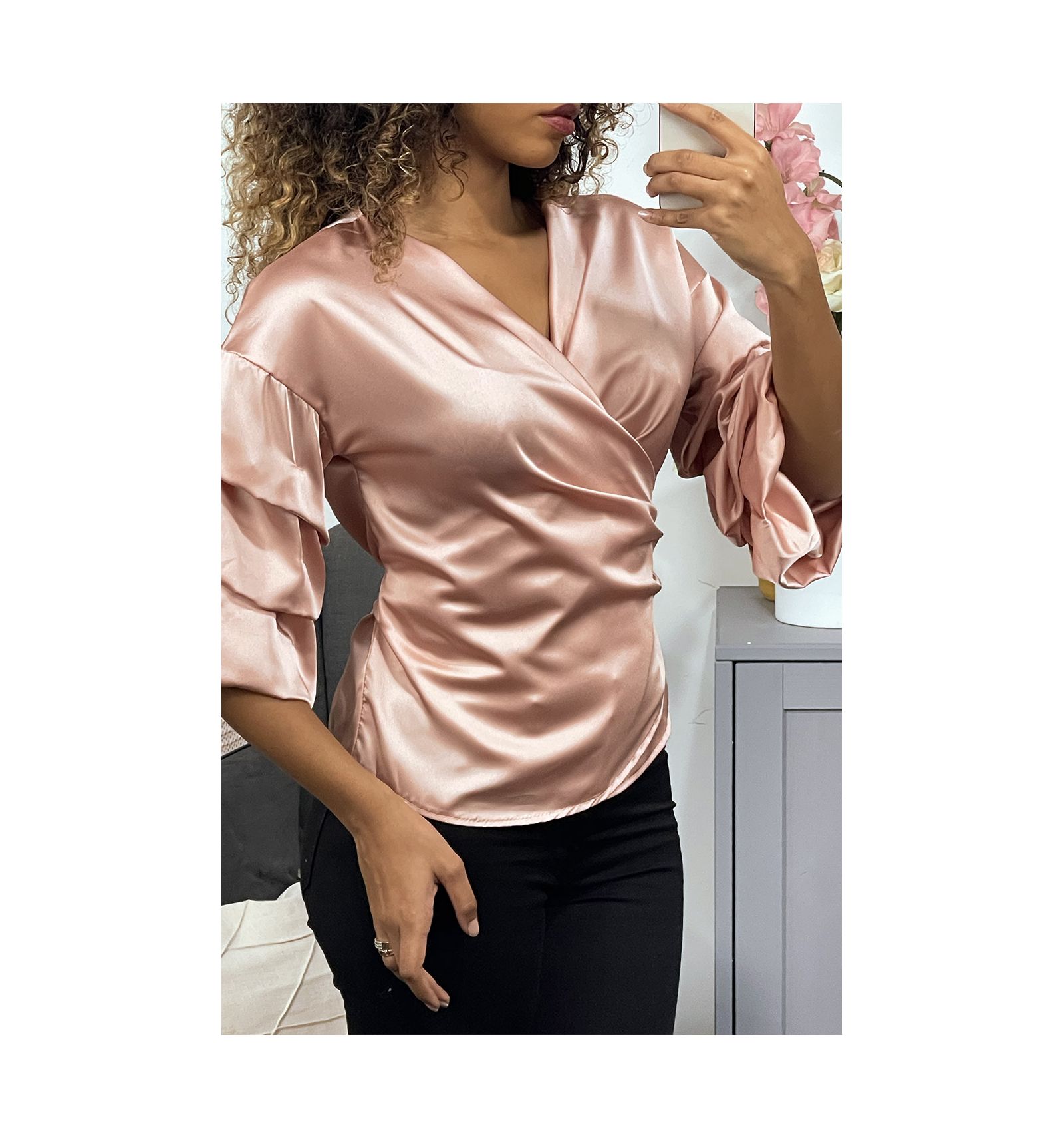 pink satin wrap top
