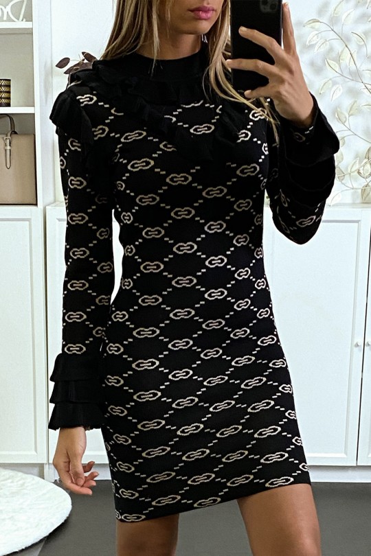 Robe pull noire à col haut et motif Robe pull noire à col haut et motif
