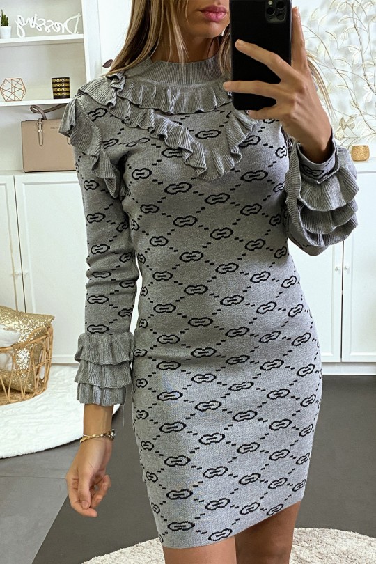 Robe pull noire à col haut et motif Robe pull noire à col haut et motif