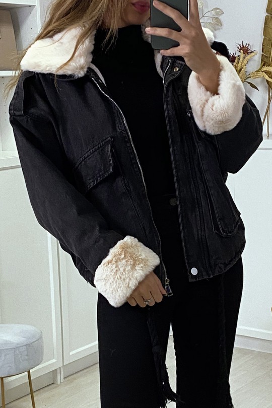 beige denim jacket with fur