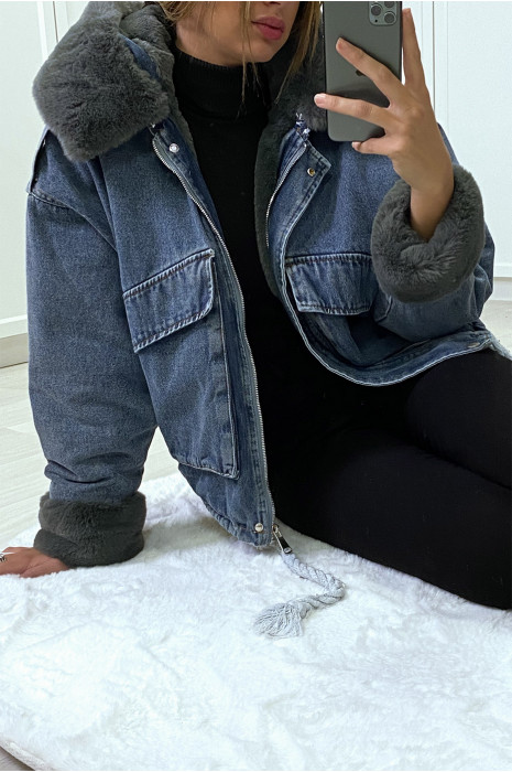 jean jacket with fur hoodie