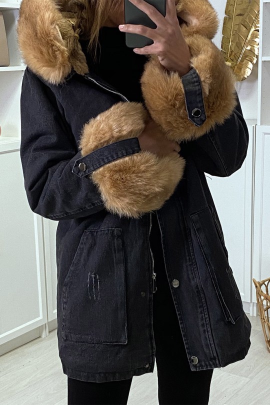 black denim jacket with camel faux fur 