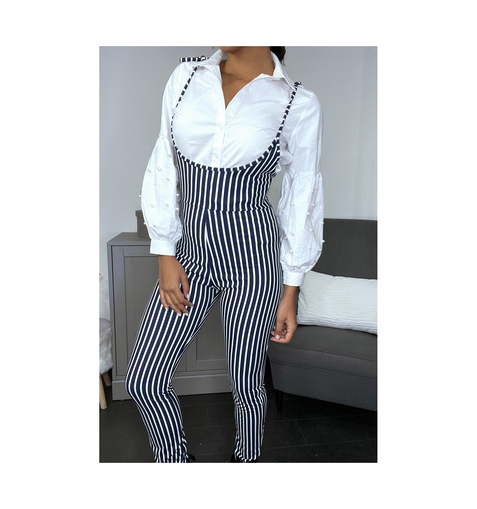 navy striped tie bow palazzo jumpsuit