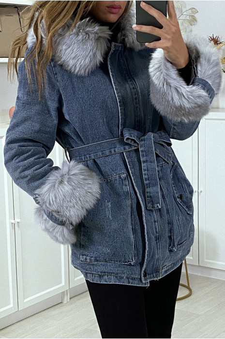 jean jacket with fur hoodie