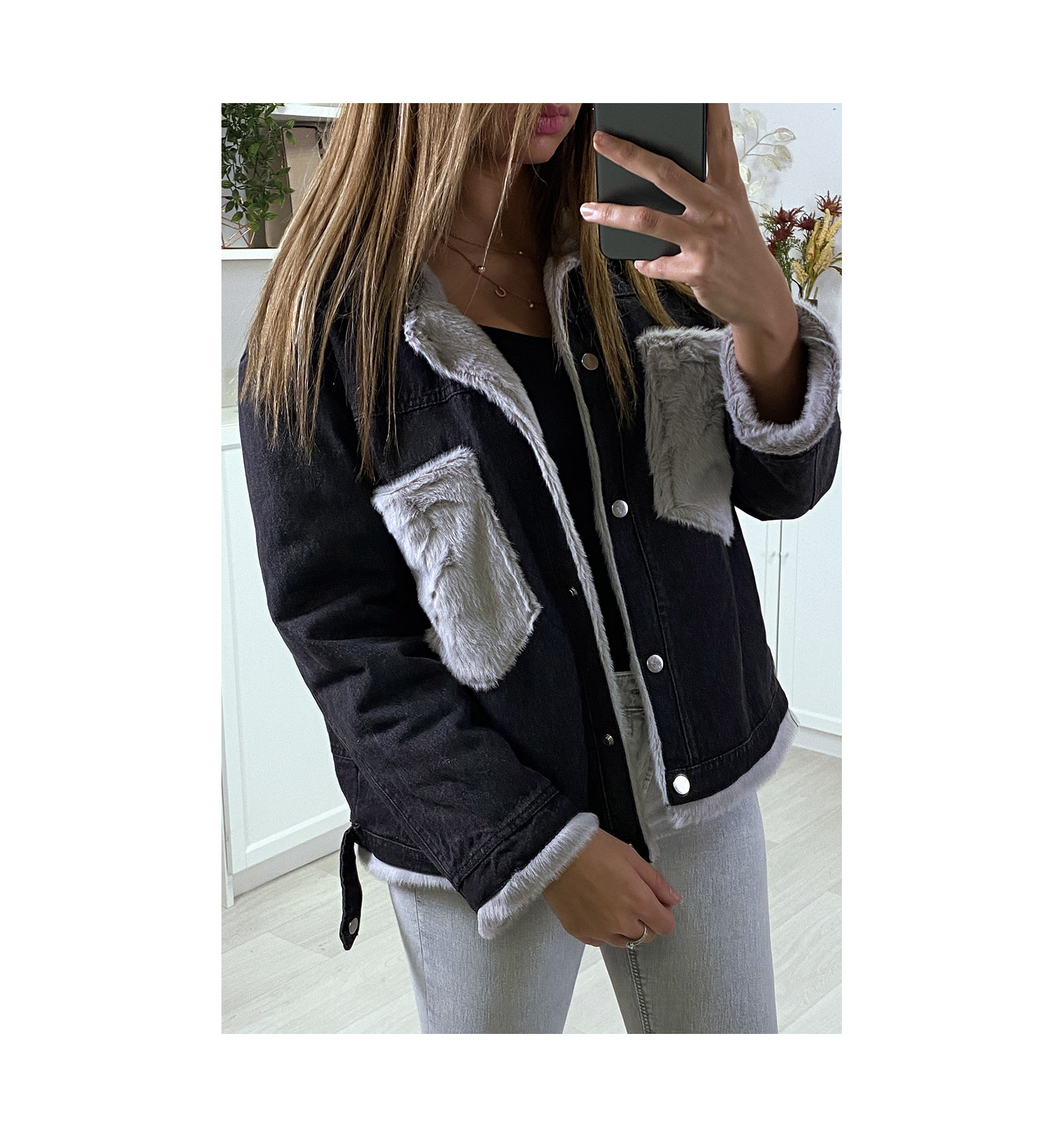 Veste en jean moumoute noir et poches grise