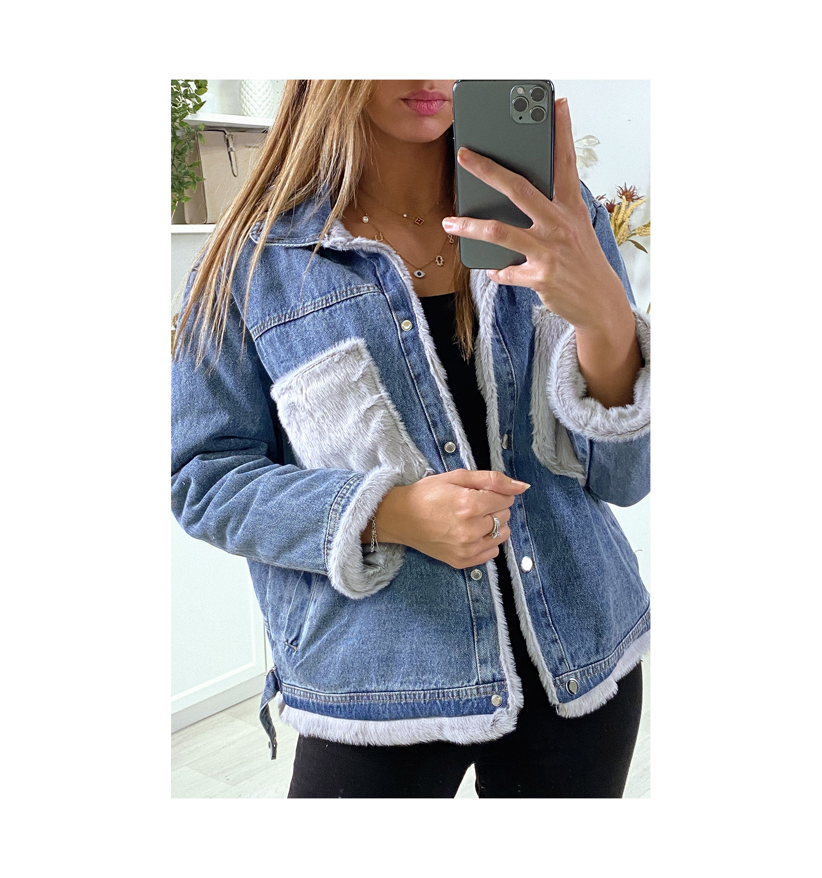 Veste en jean moumoute et poches grise