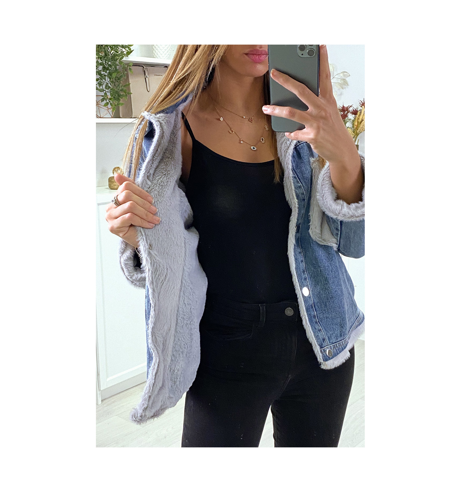 Veste en jean moumoute et poches grise