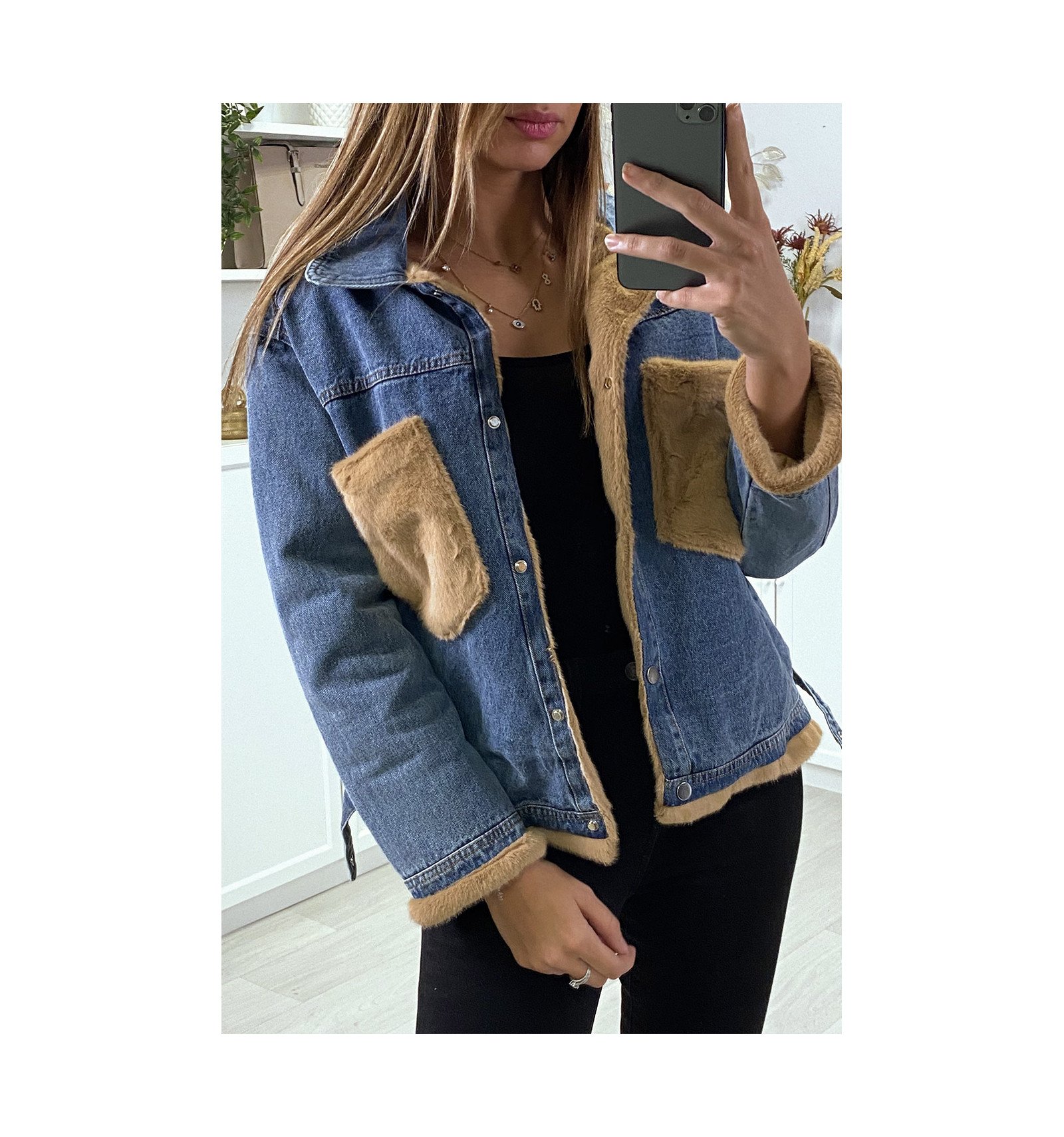 Veste en jean moumoute et poches camel