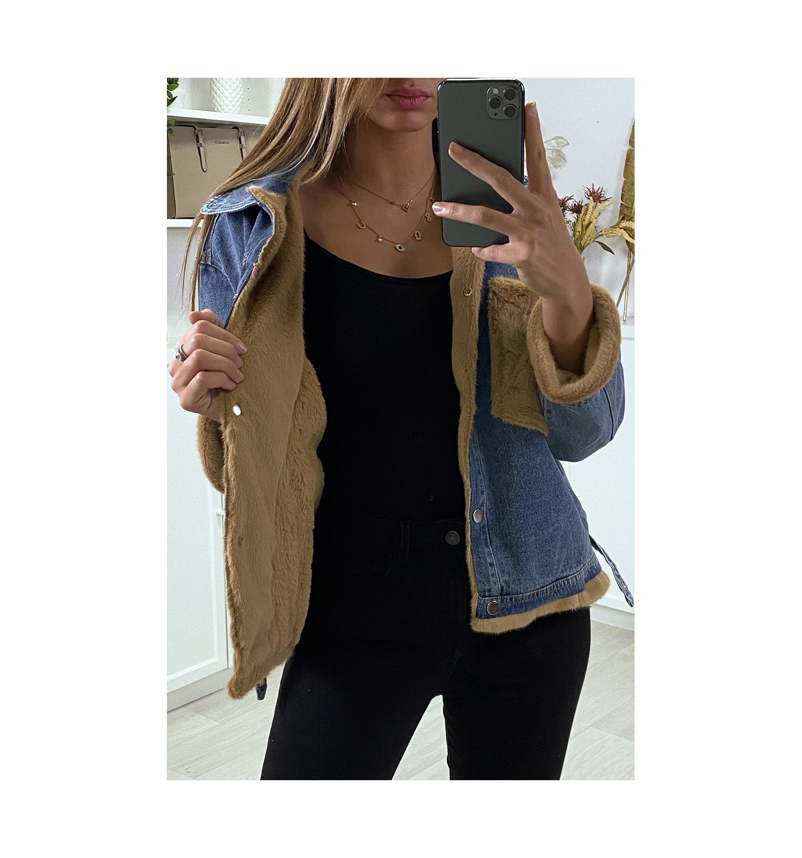 Veste en jean moumoute et poches camel