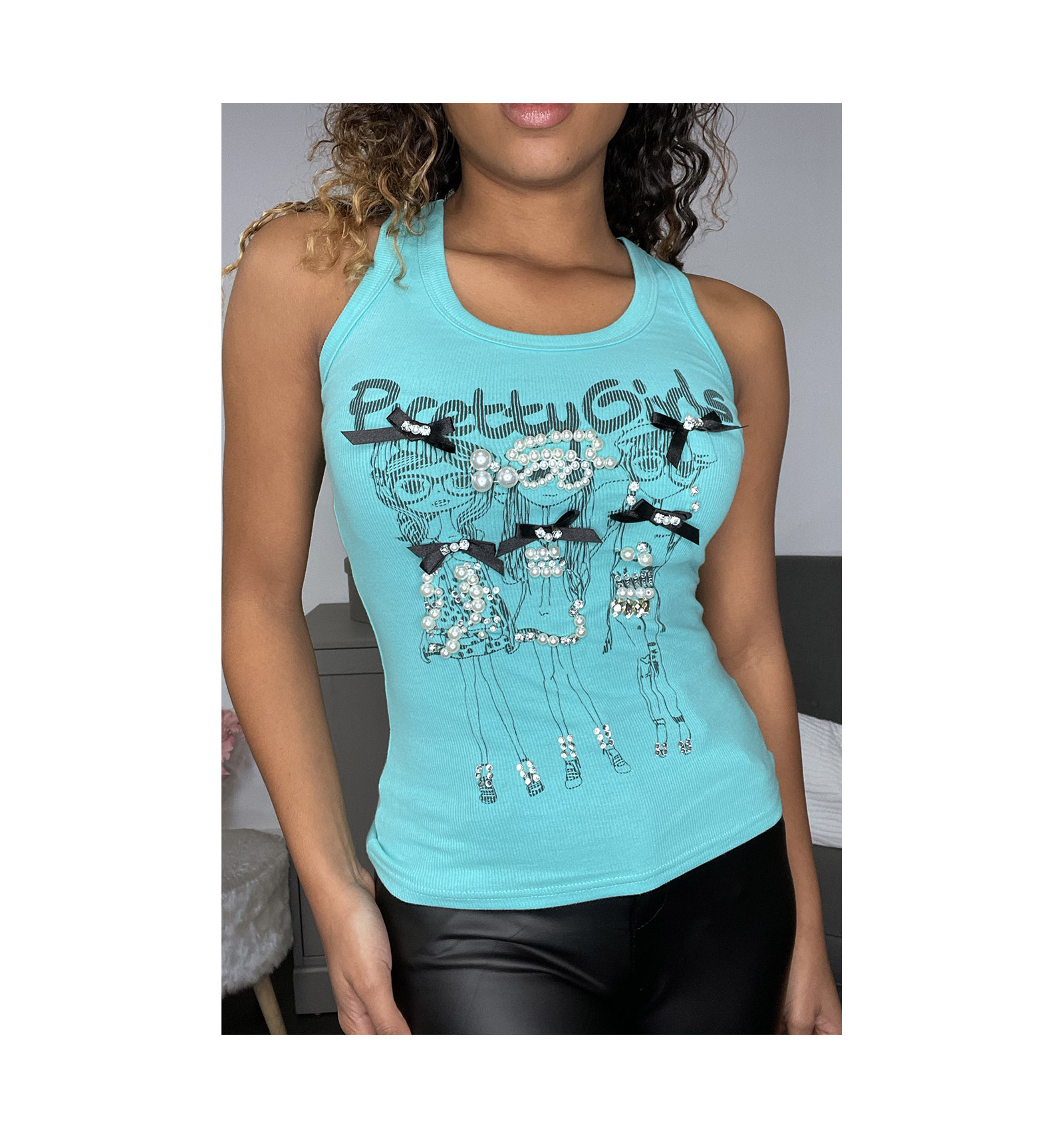 Turquoise tank top with pearls and rhinestones