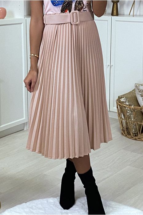 Jupe Plissee Rose Mi Longue Avec Ceinture
