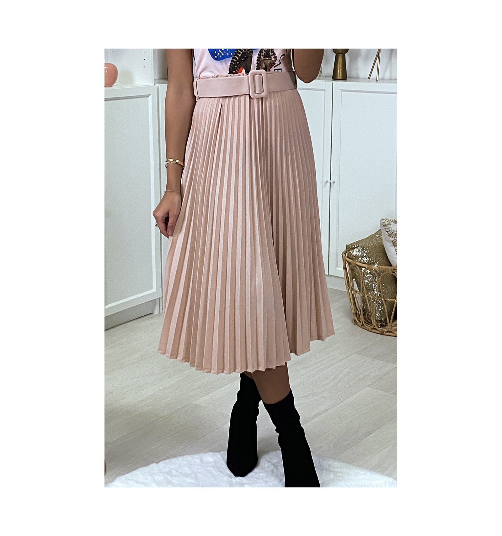 Jupe Plissee Rose Mi Longue Avec Ceinture
