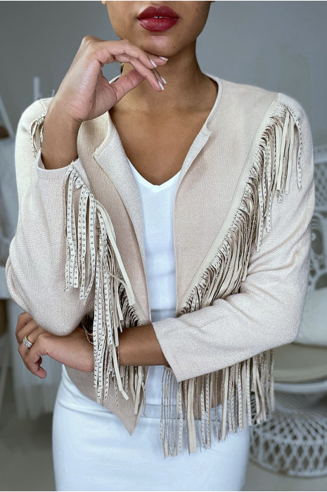 Gilet beige avec frange en suédine et strass. Prêt à porter mode femme