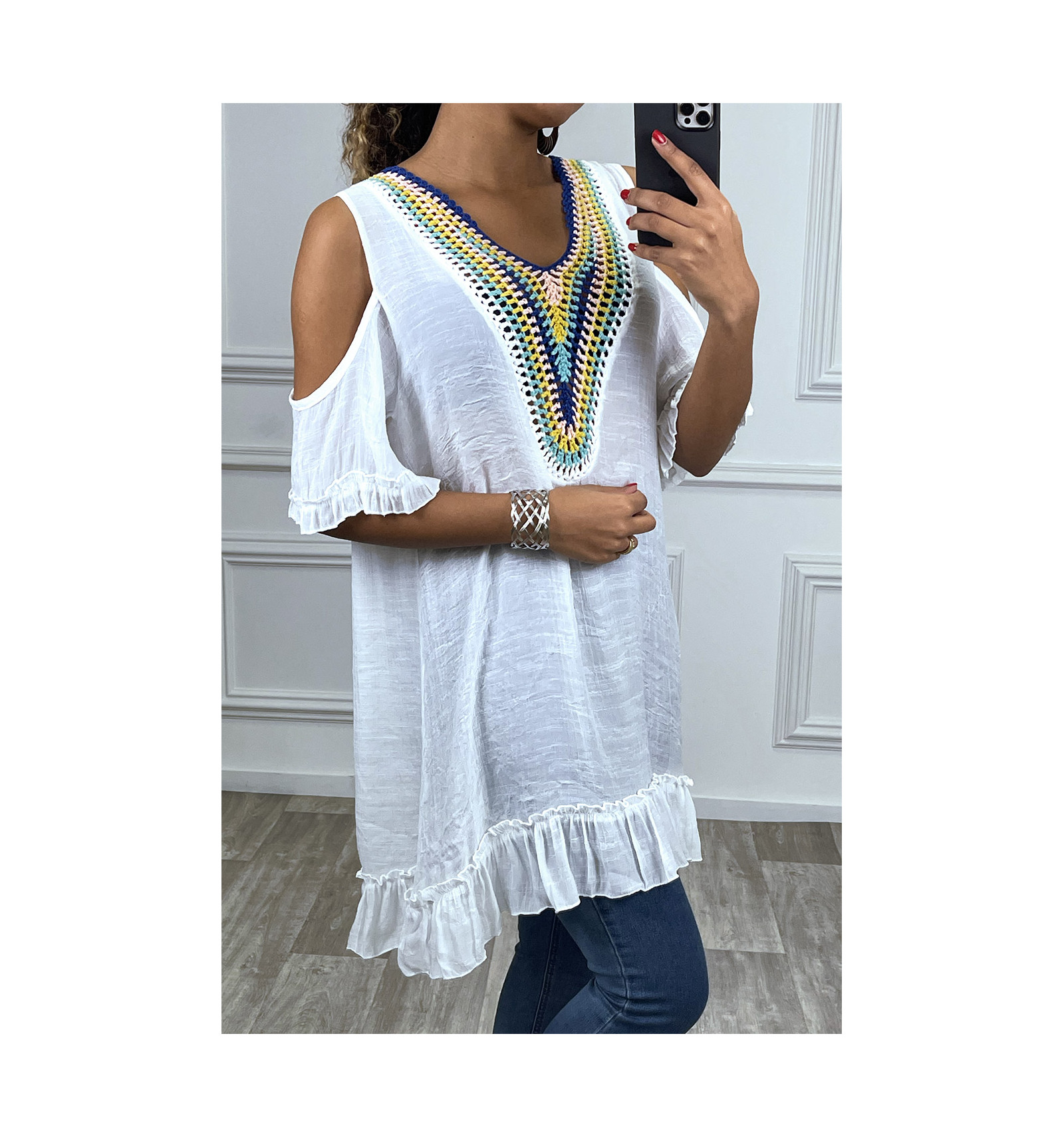 Robe tunique evasé blanc avec details brodé multicolor