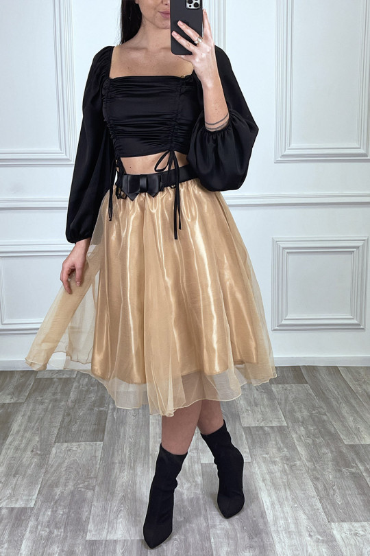 Jupe 3/4 camel en tulle doublé avec ceinture papillon satiné Jupe 3/4 camel en tulle doublé avec ceinture papillon satiné