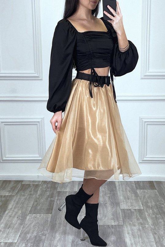 Jupe 3/4 camel en tulle doublé avec ceinture papillon satiné Jupe 3/4 camel en tulle doublé avec ceinture papillon satiné