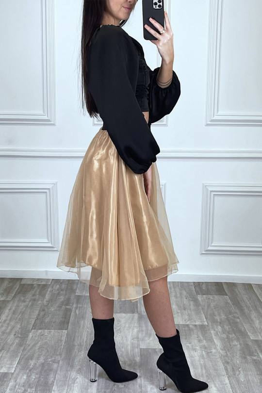 Jupe 3/4 camel en tulle doublé avec ceinture papillon satiné Jupe 3/4 camel en tulle doublé avec ceinture papillon satiné