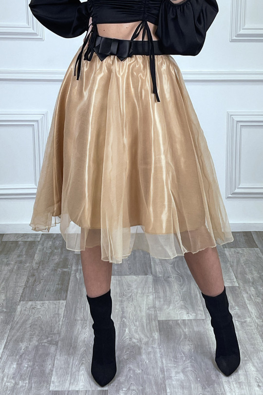 Jupe 3/4 camel en tulle doublé avec ceinture papillon satiné Jupe 3/4 camel en tulle doublé avec ceinture papillon satiné