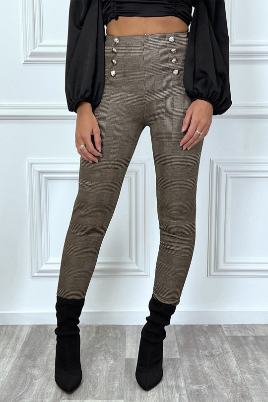Pantalon taupe à carreaux boutonné en haut Pantalon taupe à carreaux boutonné en haut