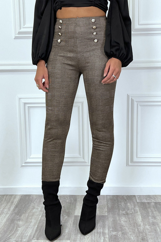 Pantalon taupe à carreaux boutonné en haut Pantalon taupe à carreaux boutonné en haut