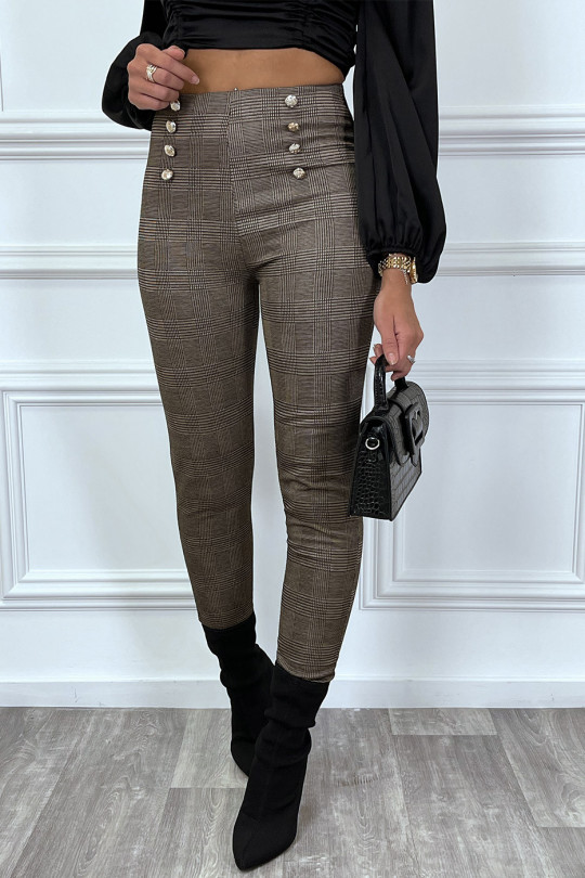 Pantalon taupe à carreaux boutonné en haut Pantalon taupe à carreaux boutonné en haut