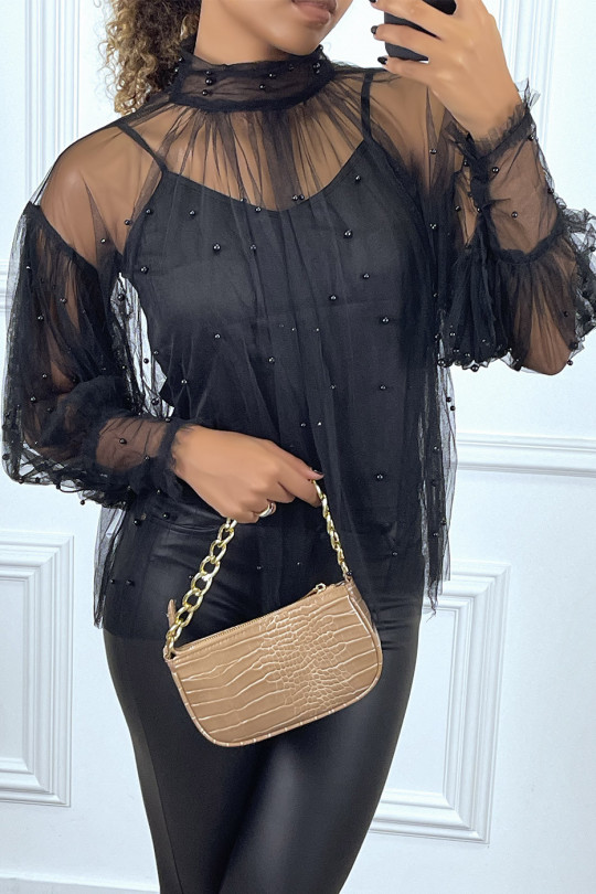 Blouse noire en tulle transparent perlé à col haut Blouse noire en tulle transparent perlé à col haut