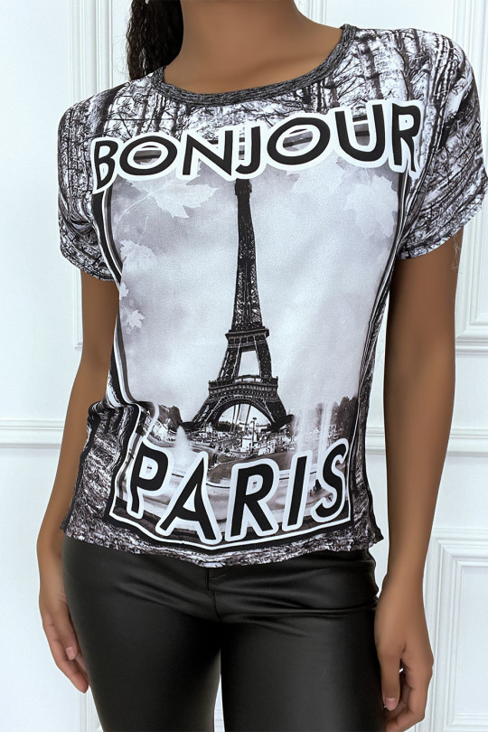 T-shirt noir en voilage à motif et mancheron T-shirt noir en voilage à motif et mancheron