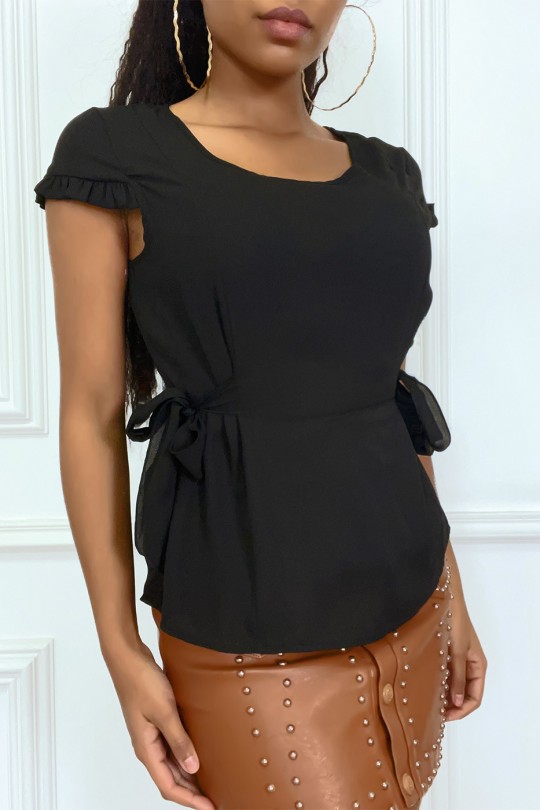 Blouse noire en voilage à mancheron et attache Blouse noire en voilage à mancheron et attache