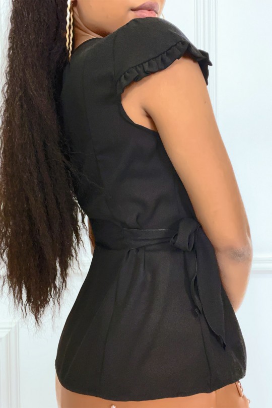 Blouse noire en voilage à mancheron et attache Blouse noire en voilage à mancheron et attache