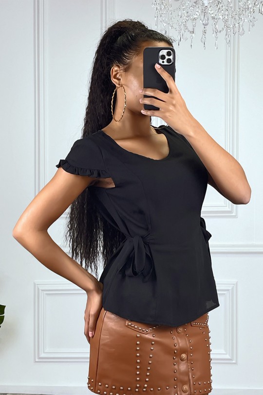 Blouse noire en voilage à mancheron et attache Blouse noire en voilage à mancheron et attache