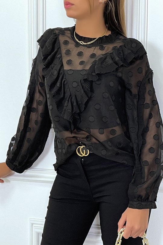 Blouse blanche à volant et pois col claudine Blouse blanche à volant et pois col claudine