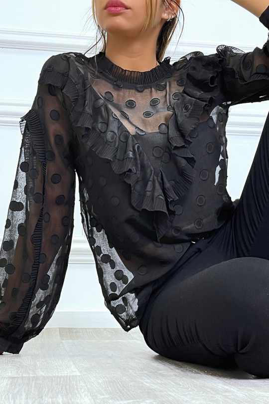 Blouse blanche à volant et pois col claudine Blouse blanche à volant et pois col claudine