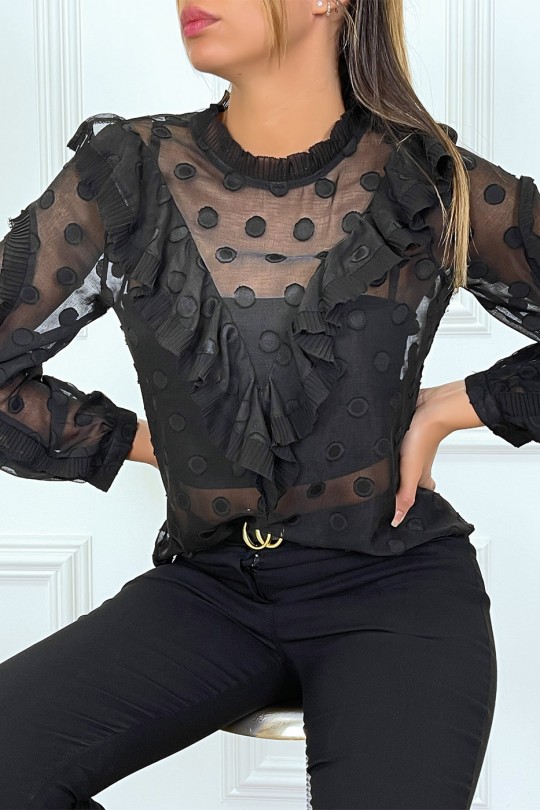 Blouse blanche à volant et pois col claudine Blouse blanche à volant et pois col claudine